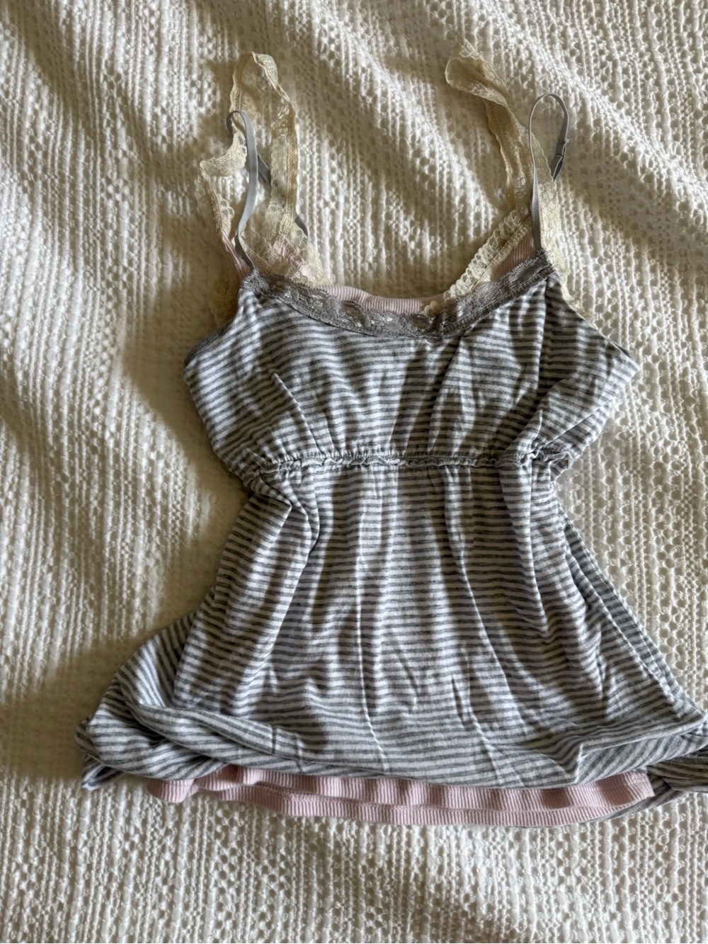 Y2K 2000s Aeropostale summer grey striped babydoll tank top lace cami - Picture 8 of 9
